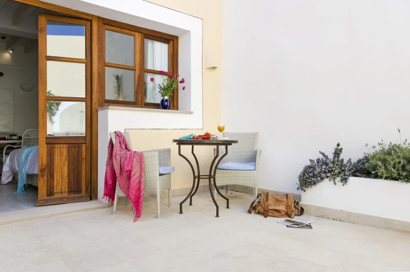 Open doors from a studio onto the planted patio